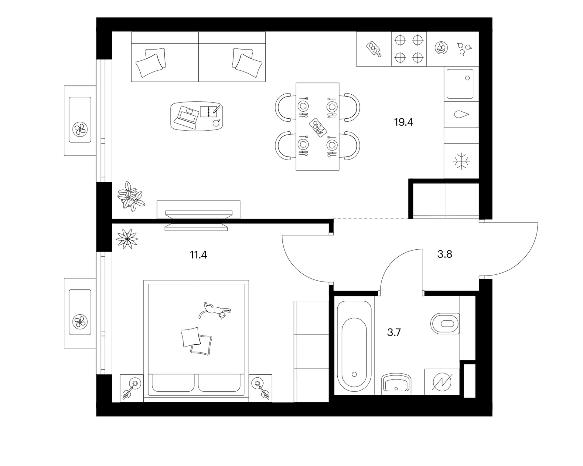 Планировка: 1-комнатная квартира 38,3 м² в ЖК «Белая Дача парк»