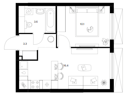 Планировка: 1-комнатная квартира 33,4 м² в ЖК «Мичуринский парк»