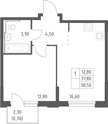 Планировка: Евродвушка 37,8 м² в ЖК «Химки Парк»