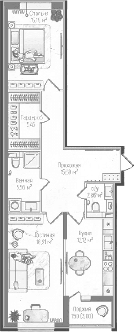 Планировка: 2-комнатная квартира 74,2 м² в ЖК «Рига Хиллс»