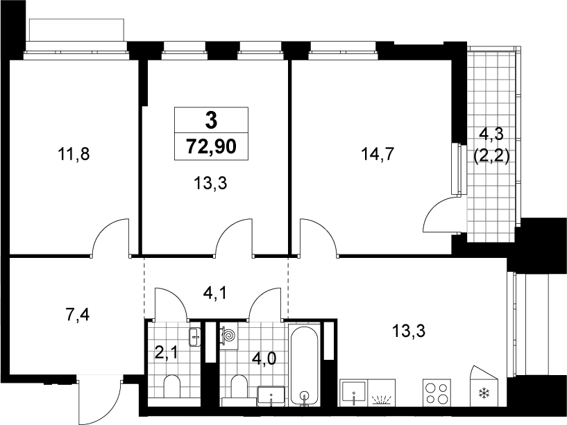 Планировка: 3-комнатная квартира 70,7 м² в ЖК «Деснаречье»