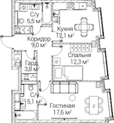 Планировка: 2-комнатная квартира 65,4 м² в ЖК «СЕЗАР БУДУЩЕЕ»