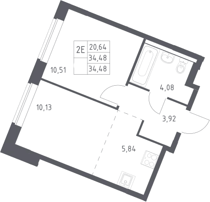 Планировка: Евродвушка 34,5 м² в ЖК «Квартал Западный»