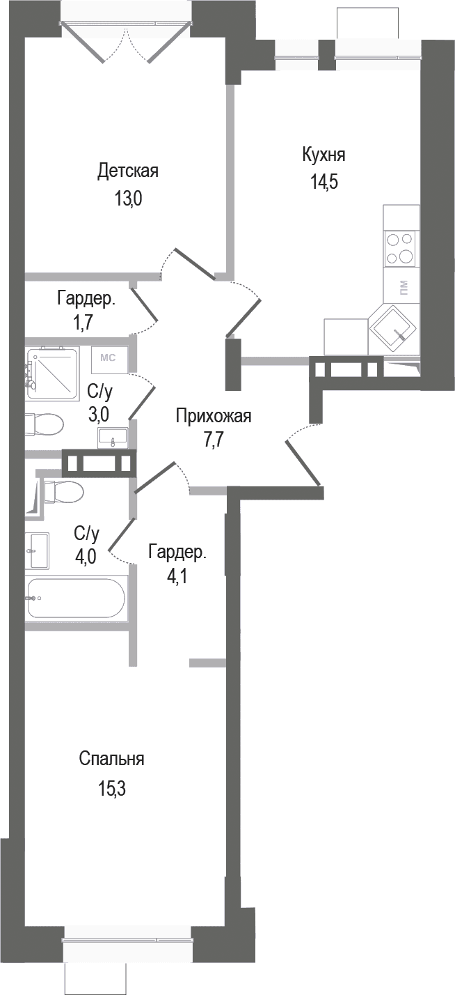 Планировка: 2-комнатная квартира 63,3 м² в ЖК «Киноквартал»