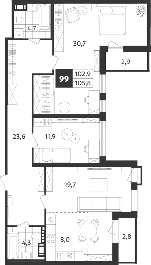 Планировка: Евротрёшка 102,9 м² в ЖК «Дом на Бронницкой»