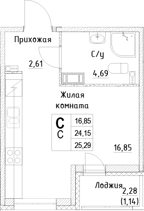 Планировка: Студия 24,2 м² в ЖК «ID Kudrovo II»