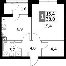 Планировка: 1-комнатная квартира 37,5 м² в ЖК «Скай Гарден»