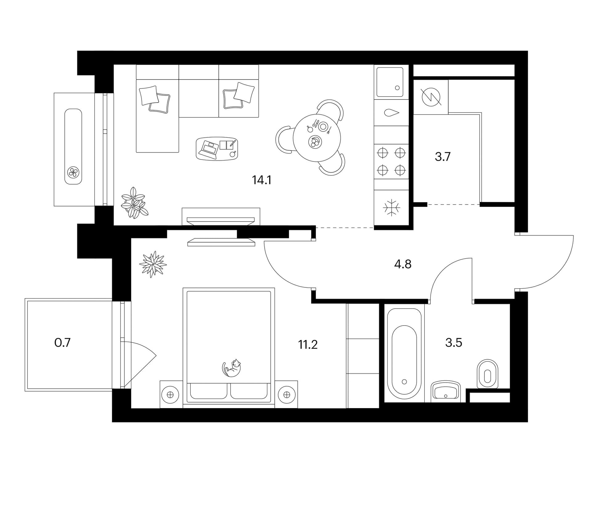 Планировка: 1-комнатная квартира 37,3 м² в ЖК «Зеленый парк»