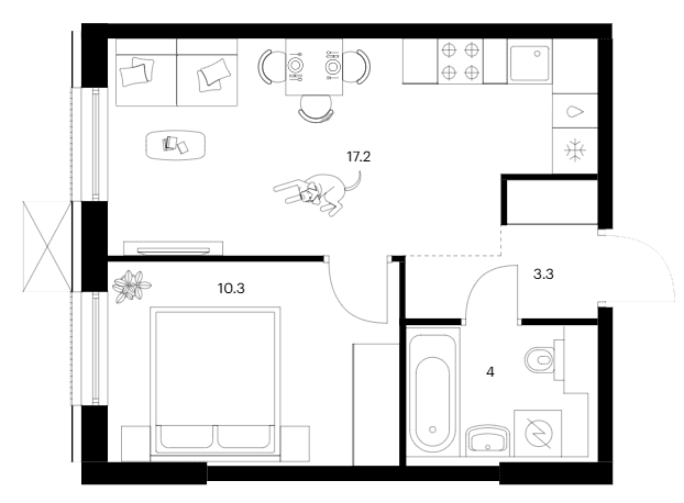 Планировка: 1-комнатная квартира 34,8 м² в ЖК «Москворечье»
