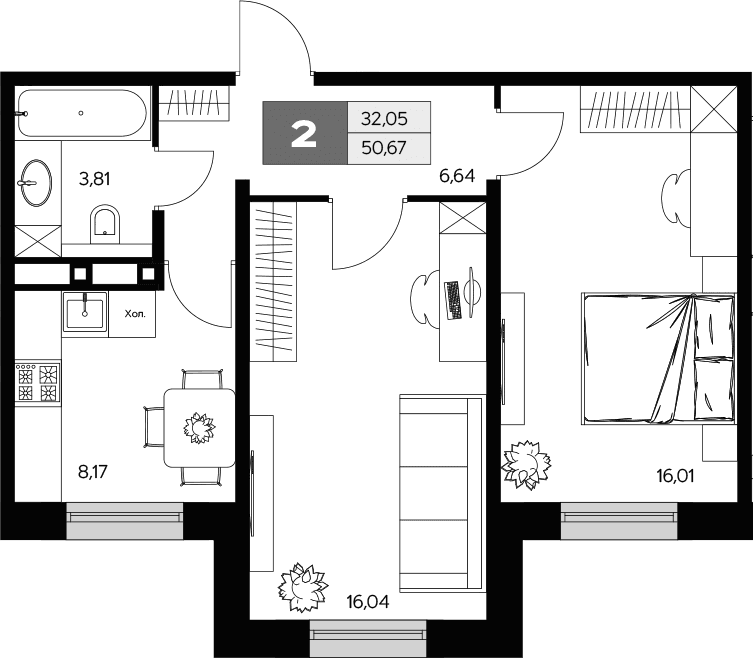 Планировка: 2-комнатная квартира 50,7 м² в ЖК «Ласточкино»
