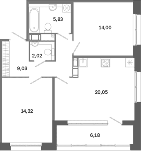 Планировка: Евротрёшка 65,3 м² в ЖК «Дом на Курской»
