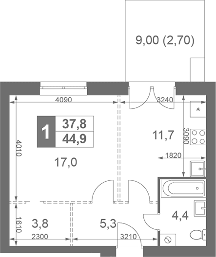 Планировка: 1-комнатная квартира 42,2 м² в ЖК «Дубровицы Клаб»