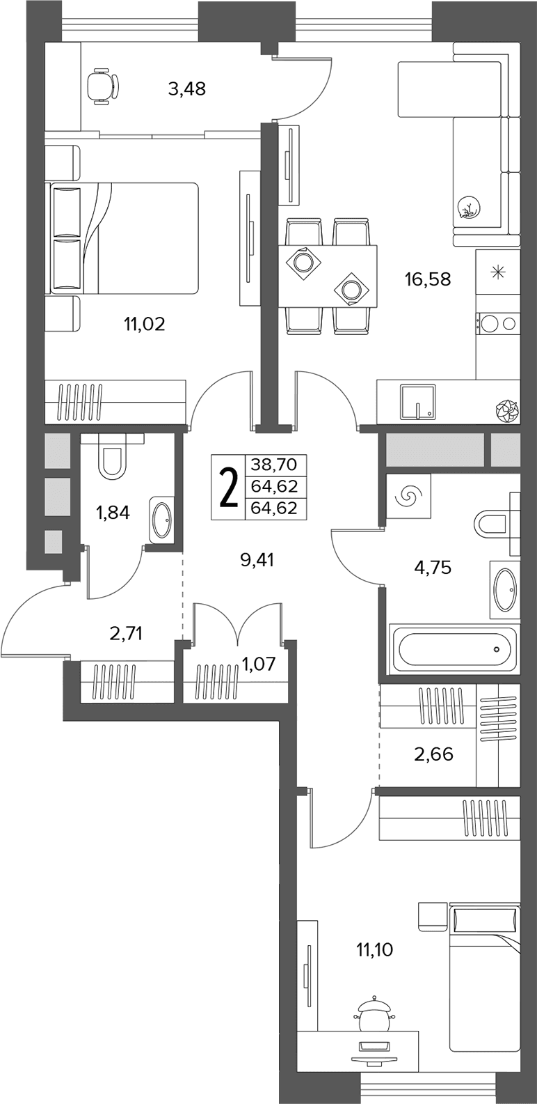 Планировка: Евротрёшка 64,6 м² в ЖК «Городской бор»