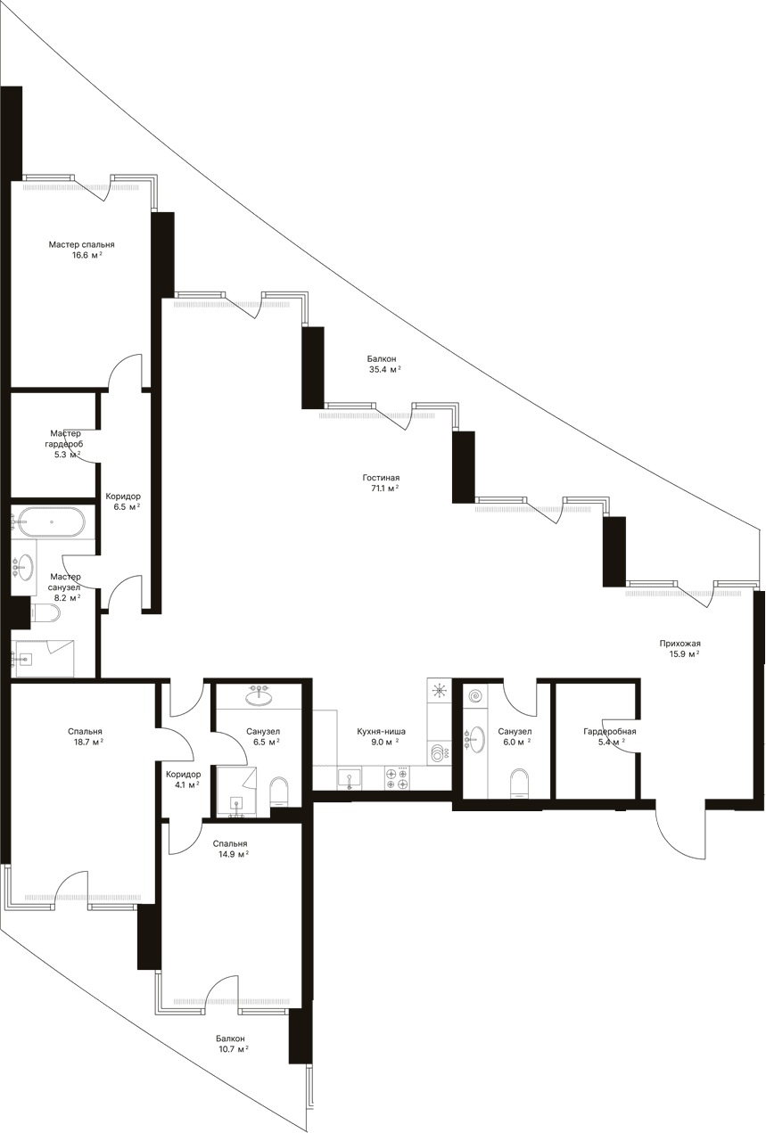 Планировка: Квартира евро-4 188,2 м² в ЖК «Опус»