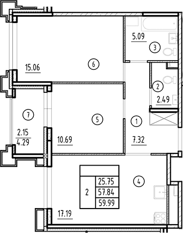 Планировка: Евротрёшка 57,8 м² в ЖК «Ассамблея»