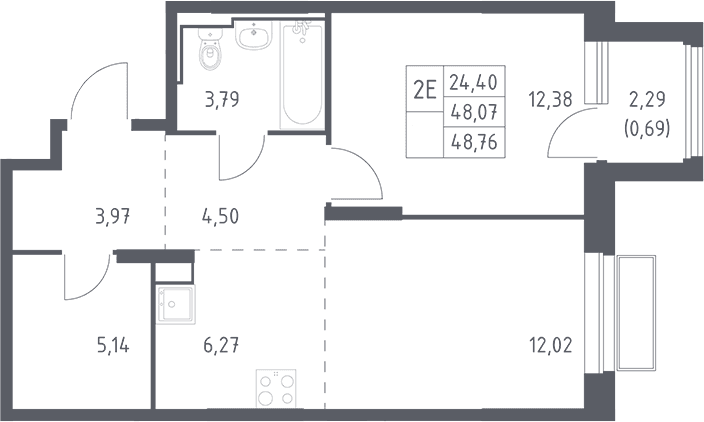 Планировка: Евродвушка 48,1 м² в ЖК «Долина Яузы»