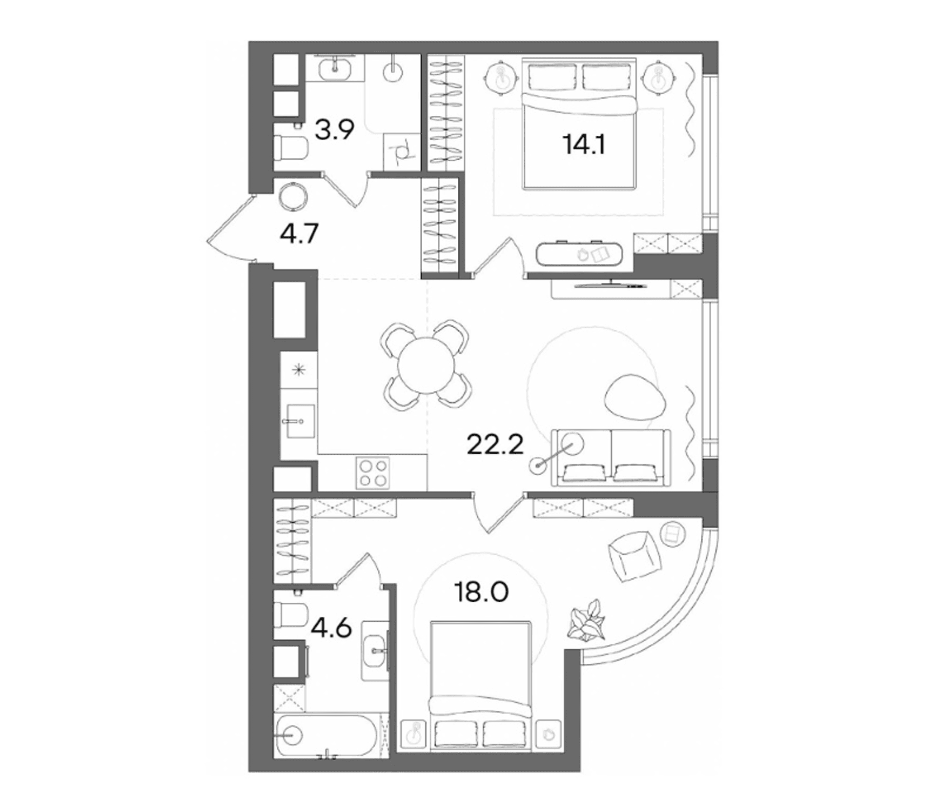 Планировка: Евротрёшка 67,5 м² в ЖК «СТОУН Блик»