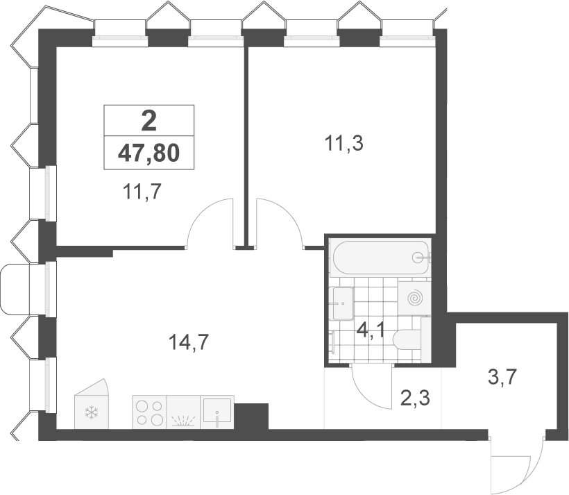 Планировка: 2-комнатная квартира 47,8 м² в ЖК «Деснаречье»
