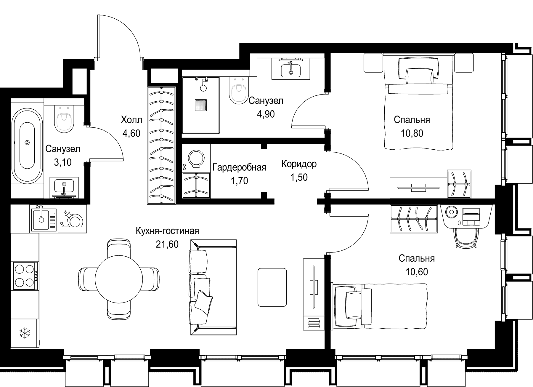 Планировка: Евротрёшка 58,8 м² в ЖК «СИТИДЗЕН»