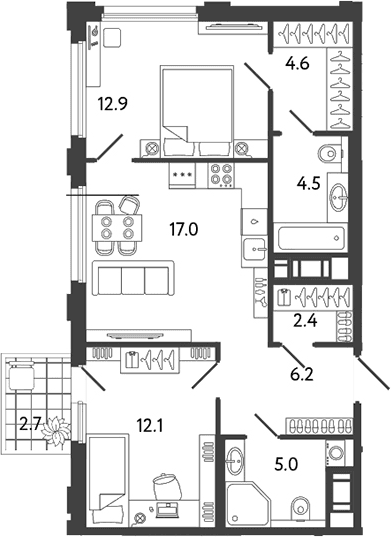Планировка: Евротрёшка 64,7 м² в ЖК «Гений»