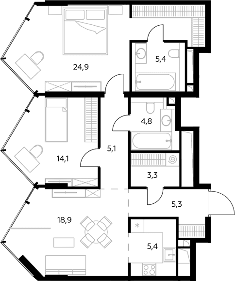 Планировка: Евротрёшка 87,2 м² в ЖК «Монблан»