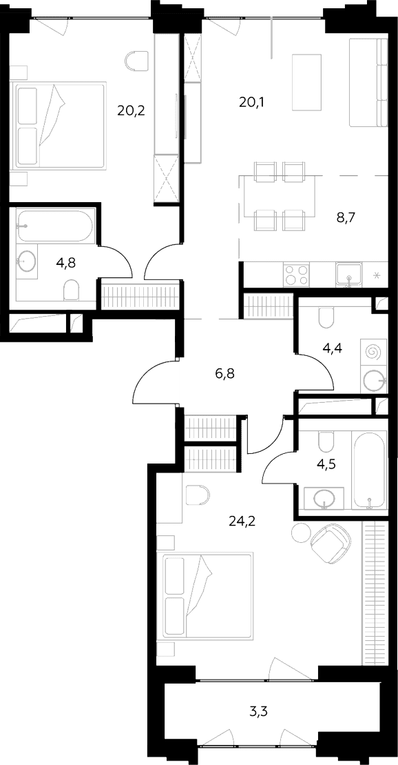 Планировка: Евротрёшка 93,7 м² в ЖК «Монблан»