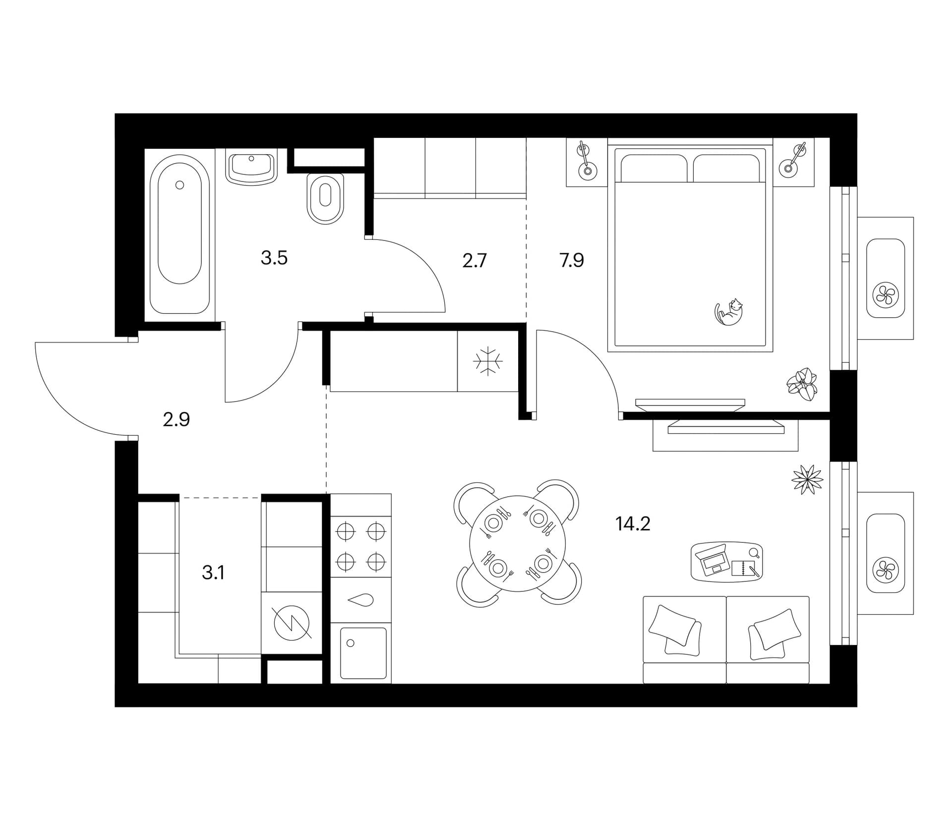 Планировка: 1-комнатная квартира 34,3 м² в ЖК «Белая Дача парк»