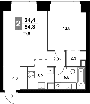 Планировка: Евродвушка 54,3 м² в ЖК «Амбер Сити»