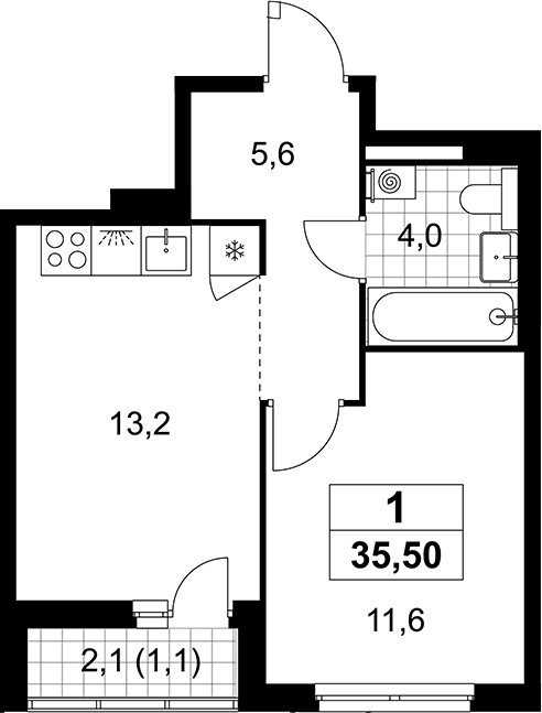Планировка: 1-комнатная квартира 34,4 м² в ЖК «Деснаречье»
