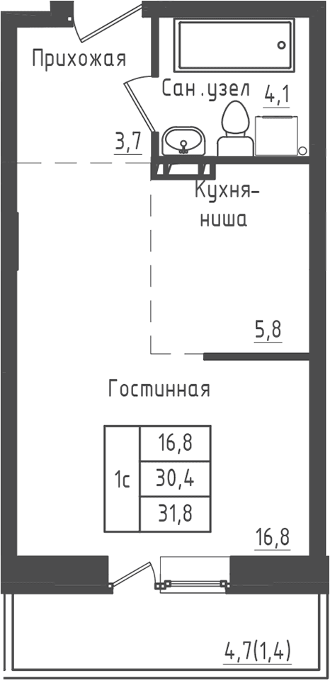 Планировка: Студия 30,4 м² в ЖК «Зеленый город»