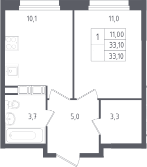 Планировка: 1-комнатная квартира 33,1 м² в ЖК «Ольховый квартал»