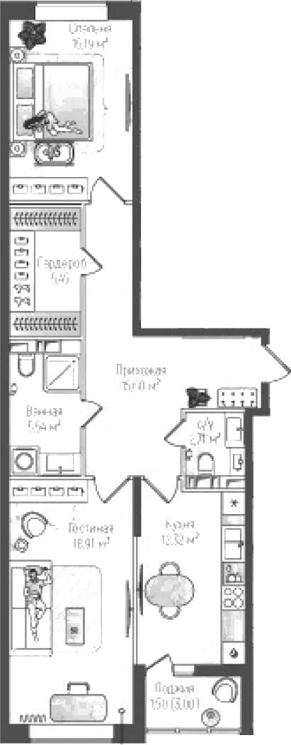 Планировка: 2-комнатная квартира 75,4 м² в ЖК «Рига Хиллс»