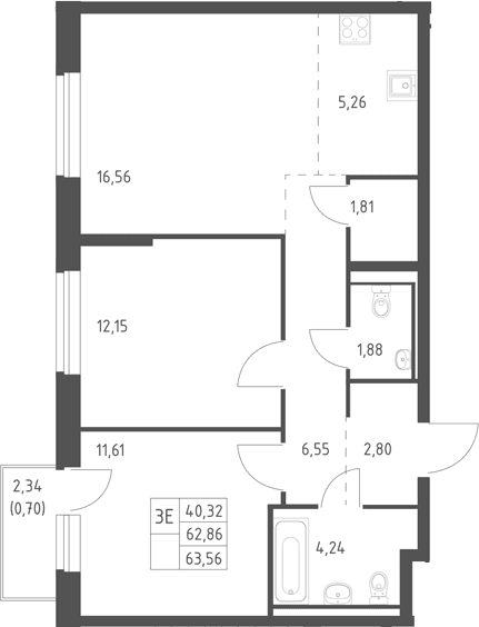 Планировка: Евротрёшка 62,9 м² в ЖК «Горки Парк»
