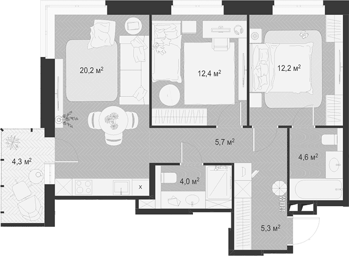 Планировка: Евротрёшка 64,4 м² в ЖК «Гранд Комфорт 3»