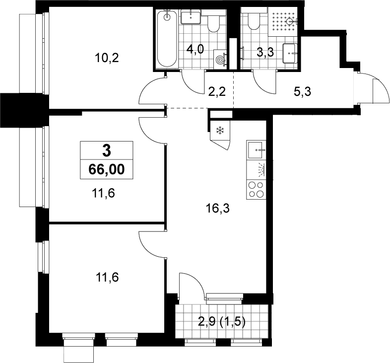 Планировка: 3-комнатная квартира 64,5 м² в ЖК «Деснаречье»
