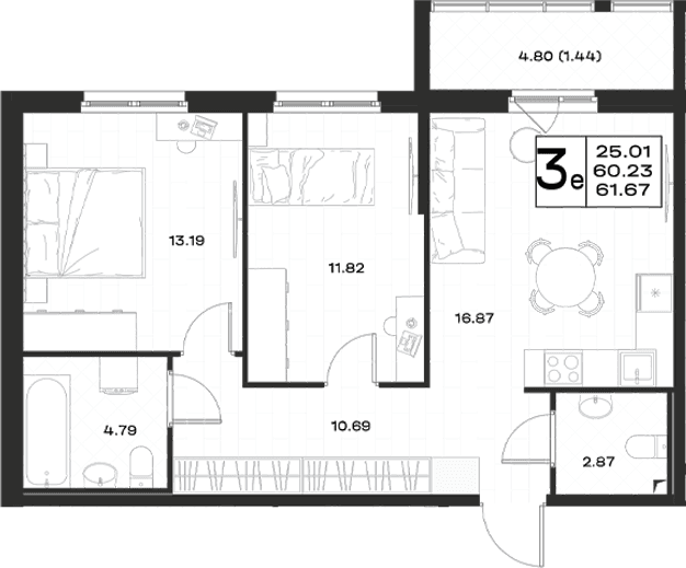 Планировка: Евротрёшка 60,2 м² в ЖК «Имена»