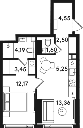 Планировка: Евродвушка 47,1 м² в ЖК «СОЛОС»