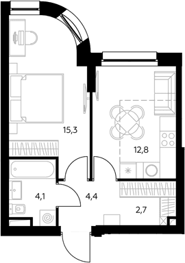 Планировка: 1-комнатная квартира 39,6 м² в ЖК «Адмирал»