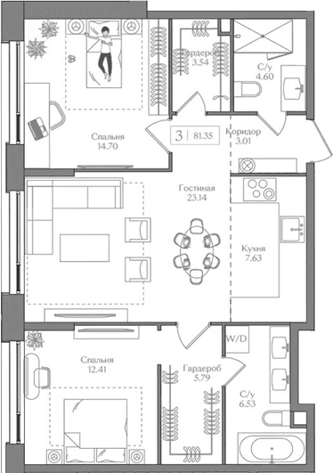 Планировка: Евротрёшка 81,4 м² в ЖК «Преображенская площадь»