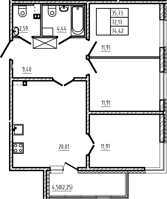 Планировка: Квартира евро-4 72,2 м² в ЖК «Новая история»