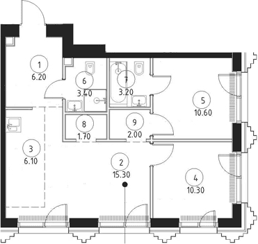 Планировка: Евротрёшка 58,8 м² в ЖК «СЕТ»