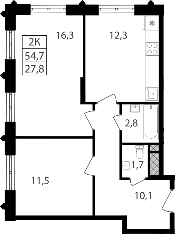 Планировка: 2-комнатная квартира 54,7 м² в ЖК «Варшавские ворота»