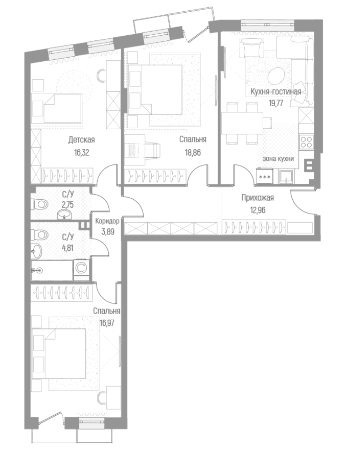 Планировка: 3-комнатная квартира 96,5 м² в ЖК «Эльйон»