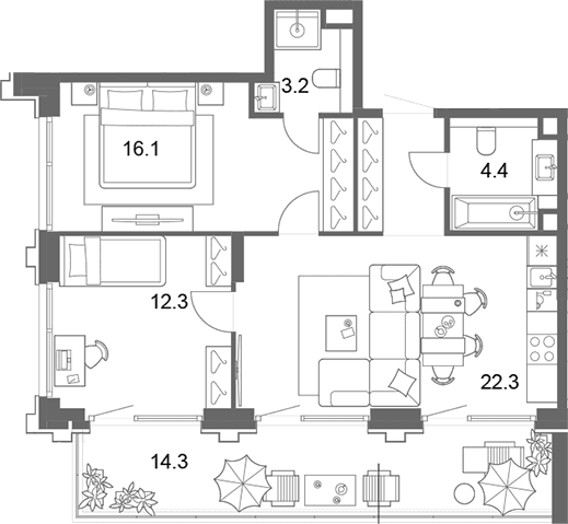 Планировка: Евротрёшка 62,3 м² в ЖК «ОМ Ботанический»
