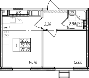 Планировка: 1-комнатная квартира 32,3 м² в ЖК «Ржевский парк»
