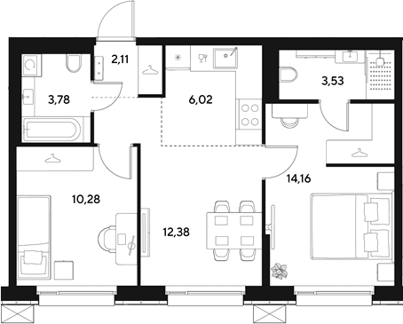 Планировка: Евротрёшка 52,3 м² в ЖК «ЭВО»