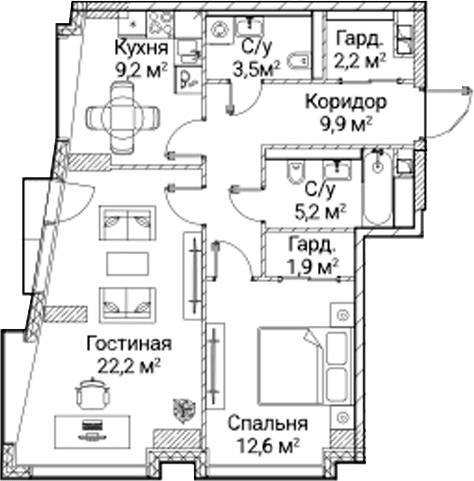 Планировка: 2-комнатная квартира 67,2 м² в ЖК «СЕЗАР БУДУЩЕЕ»