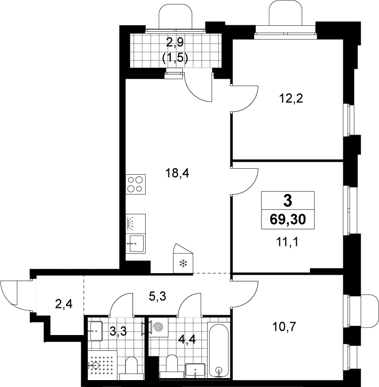 Планировка: Квартира евро-4 67,8 м² в ЖК «Прокшино»