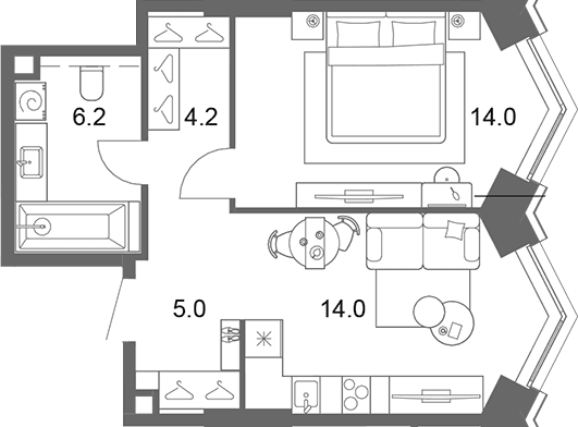 Планировка: Евродвушка 43,4 м² в ЖК «ОМ Ботанический»