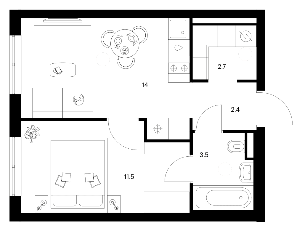 Планировка: 1-комнатная квартира 34,1 м² в ЖК «Зеленый парк»